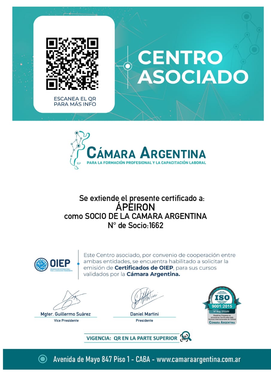 Certificado de ÁPEIRON como socio de la camara Argentina. Numero de socio 1662